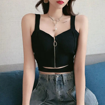 Women Crop Top Zipper Fly Camisoles Knitted Sexy Vest Hollow Female Sleeveless Solid short Tops Slim For Girl Summer Streetwear