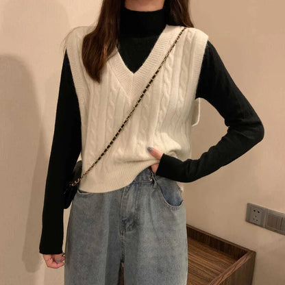 Solid Color V Neck Sweater Vest Women Korean Fashion 2023 Spring Fall Sleeveless Twist Knitted Short Pullovers Female Jumper Top