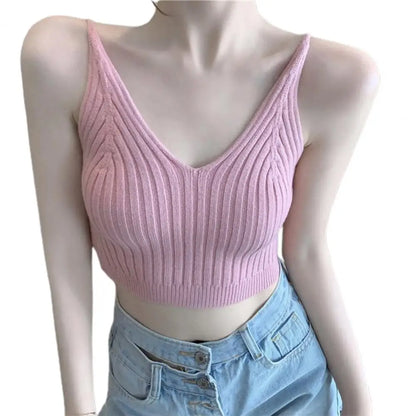 2021 Ladies Summer Trendy Sling Knitted Solid Sleeveless V-neck Ribbed Female Basic Top Vest Streetwear Tops Women 2021