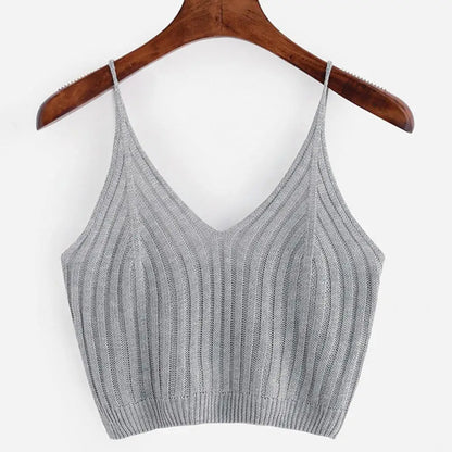 2021 Ladies Summer Trendy Sling Knitted Solid Sleeveless V-neck Ribbed Female Basic Top Vest Streetwear Tops Women 2021