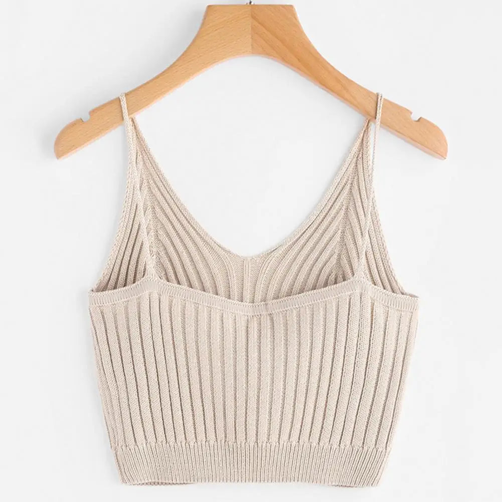 2021 Ladies Summer Trendy Sling Knitted Solid Sleeveless V-neck Ribbed Female Basic Top Vest Streetwear Tops Women 2021