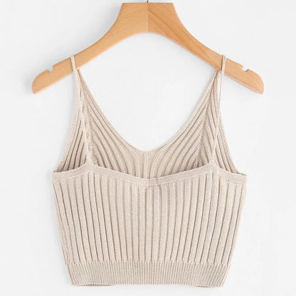 2021 Ladies Summer Trendy Sling Knitted Solid Sleeveless V-neck Ribbed Female Basic Top Vest Streetwear Tops Women 2021