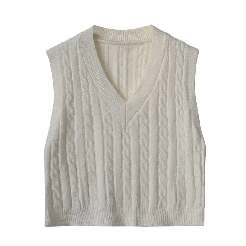 Solid Color V Neck Sweater Vest Women Korean Fashion 2023 Spring Fall Sleeveless Twist Knitted Short Pullovers Female Jumper Top