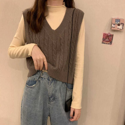 Solid Color V Neck Sweater Vest Women Korean Fashion 2023 Spring Fall Sleeveless Twist Knitted Short Pullovers Female Jumper Top