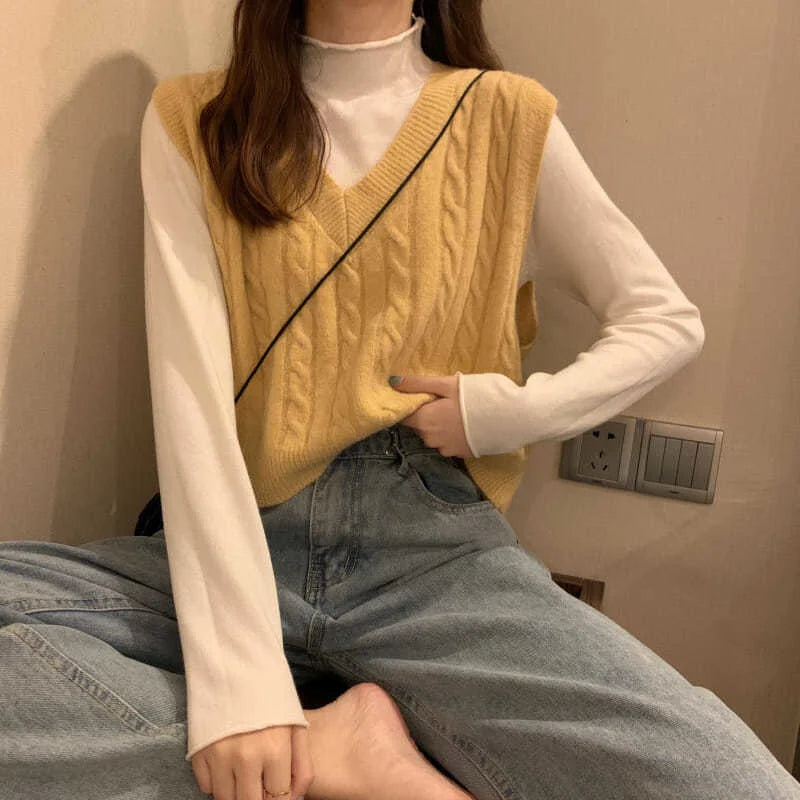 Solid Color V Neck Sweater Vest Women Korean Fashion 2023 Spring Fall Sleeveless Twist Knitted Short Pullovers Female Jumper Top