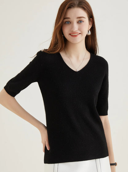 Women's Sweater 100% Merino Wool Sweater for Women Pullover Short Sleeve Tops Spring Summer V Neck Soft Knitted Female Clothing