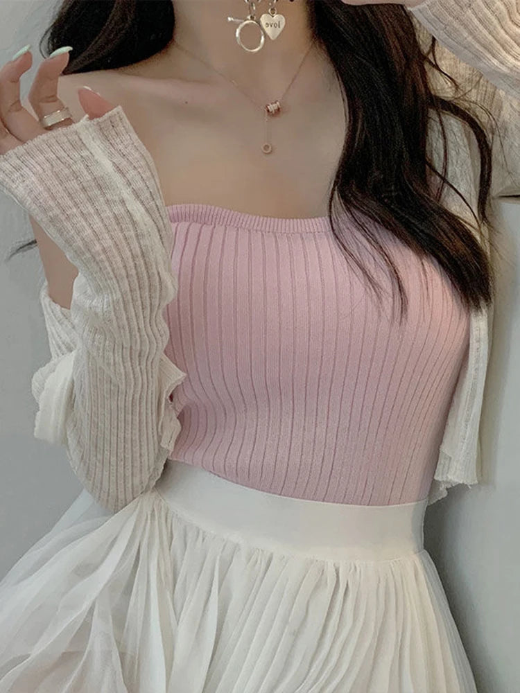 JMPRS Knitted Women Tanks Pullover Summer High Elastic Crop Top Fashion Pullover Solid Color Cute White Female Corset Top New