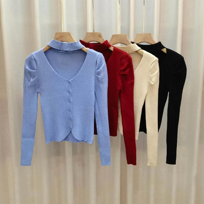 Halter Neck Long Sleeve Knit Cardigan Women Spring Autumn V-neck Button Down Shirt Female Casual Solid Color Dating Crop Top