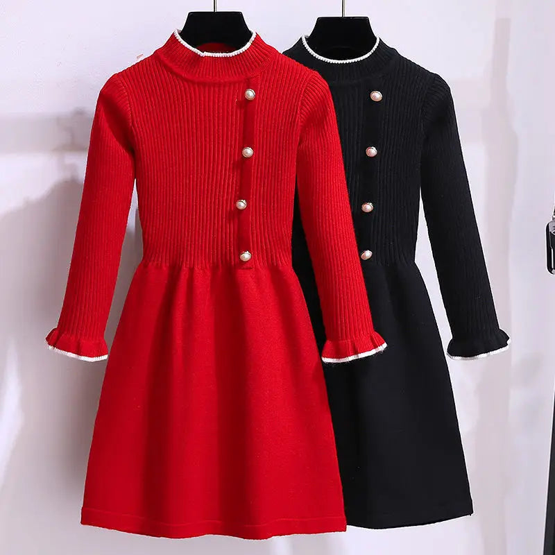 2024 Autumn Winter Teenagers Girls Kids Knit Sweater Dresses Princess pearl clothes new year christmas 4 5 6 7 8 9 10 11 year