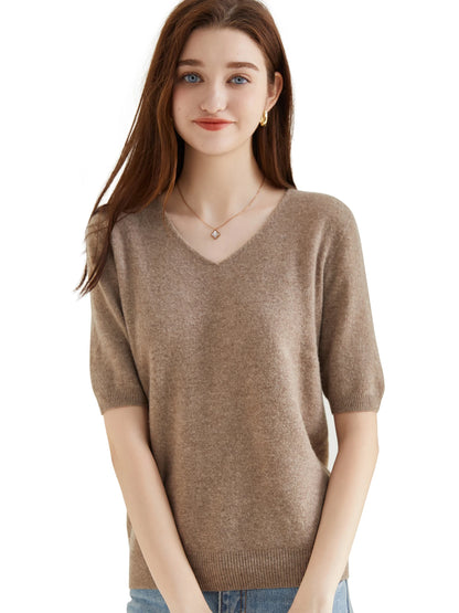 Women's Sweater 100% Merino Wool Sweater for Women Pullover Short Sleeve Tops Spring Summer V Neck Soft Knitted Female Clothing