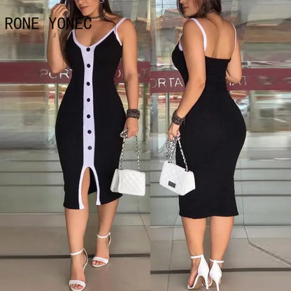 Women Casual Thick Straps Sleeveless Button Decoration Small Silt Midi Bodycon Sexy Knitting Dress