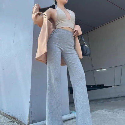 Spring Female High Waist Streetwear Drawstring Bandage Casual Full Length Pants Women 2024 Slim Bell Bottom Ribbed Knitted Pants