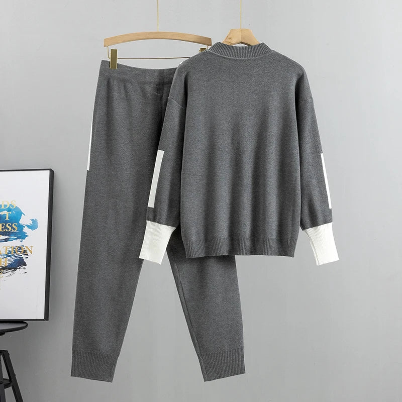 2023 Autumn Winter 2 Pieces Set Knitted Long Sleeve Pullovers Sweater Casual Patchwork Fashion Women Tops And Pants Suits Spring