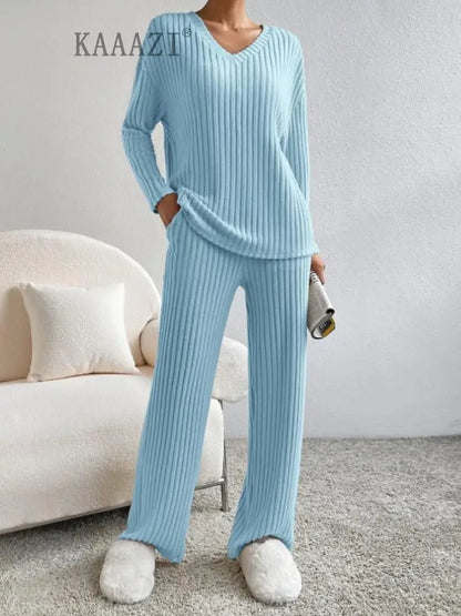 KAAAZI Women Winter Pajamas 2 Piece Sets Long Sleeve V-neck Knitted Home Clothes Elastic Waist Loose Pants Solid Female Suit