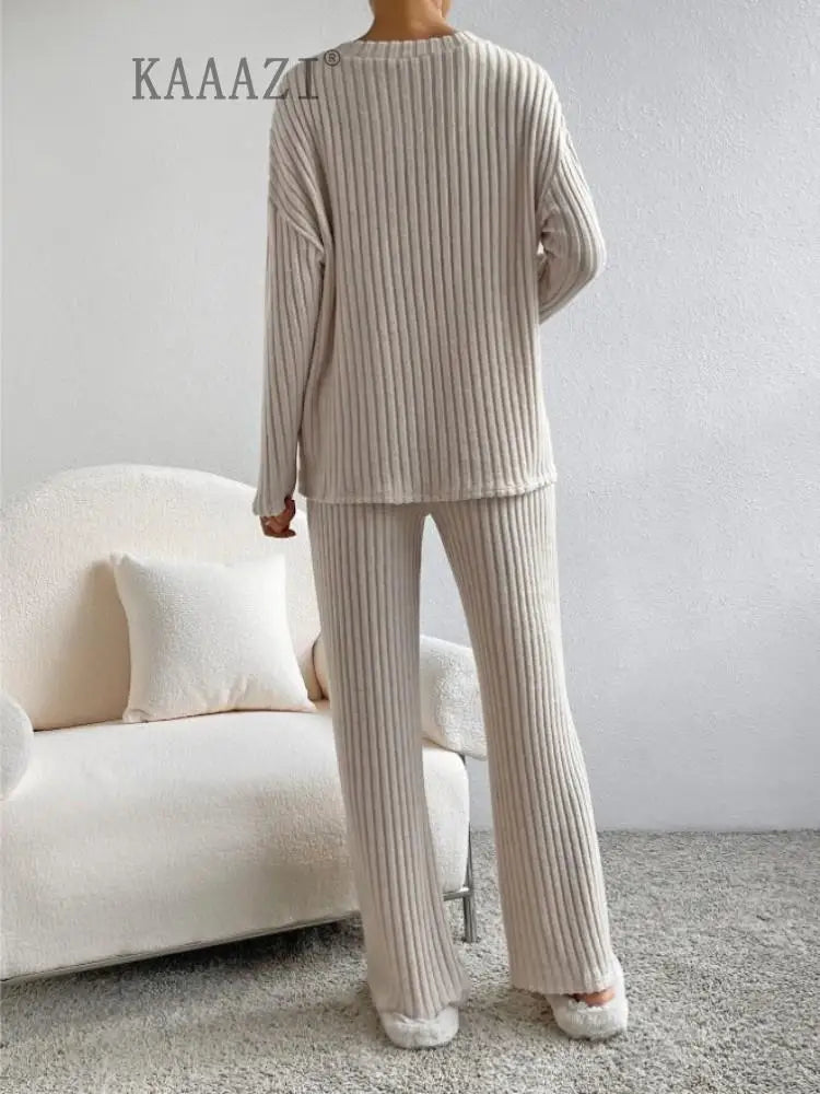 KAAAZI Women Winter Pajamas 2 Piece Sets Long Sleeve V-neck Knitted Home Clothes Elastic Waist Loose Pants Solid Female Suit