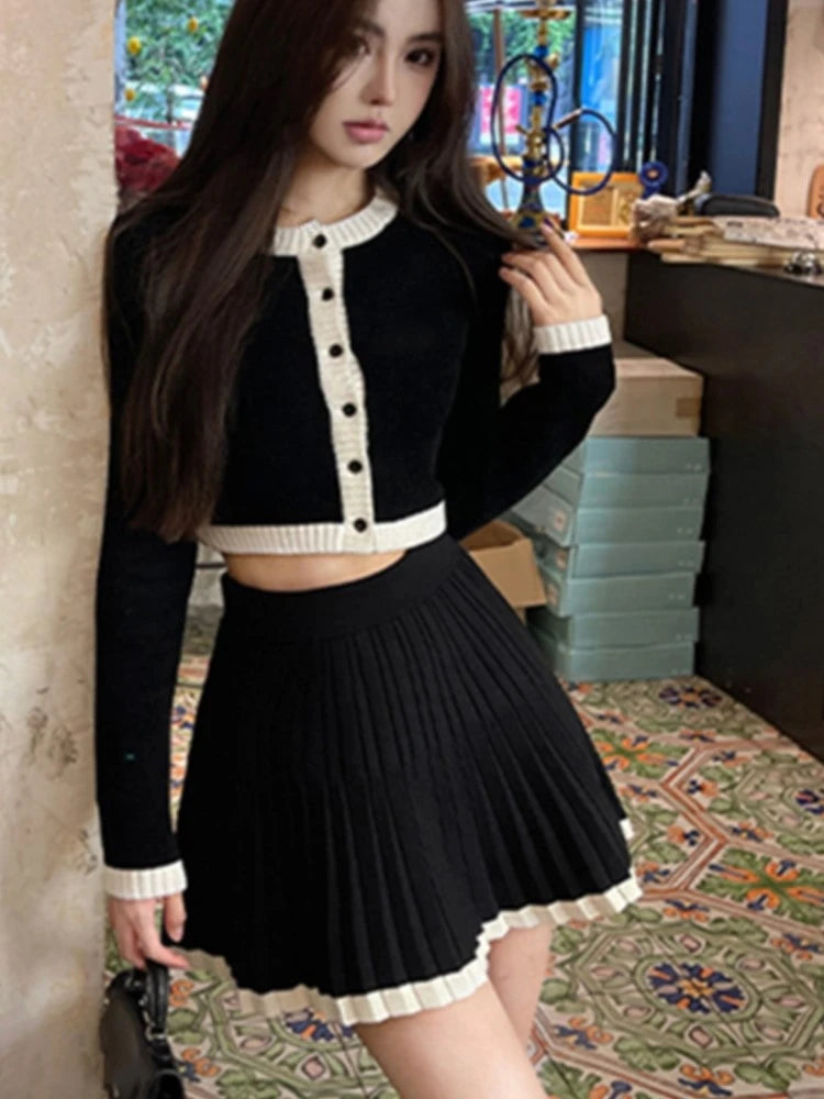 Sweet Knitted 2 Piece Set Women Long Sleeve Single Breasted Cropped Top Pleated Mini Skirt Autumn Spring Kawaii Fashion Outfits