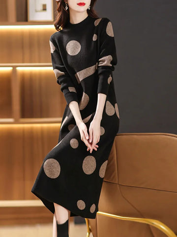 Black Woolen Knitted Polka Dot Elegant Casual Pullovers for Ladies 2024 Korean Vintage Hepburn Dress Autumn Winter Sweater Dress