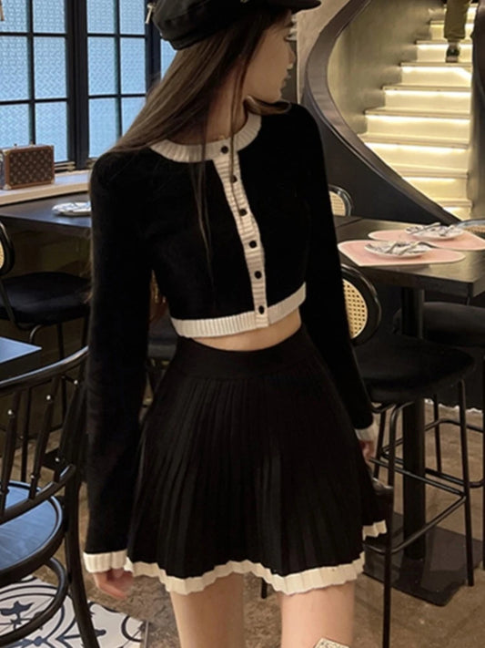 Sweet Knitted 2 Piece Set Women Long Sleeve Single Breasted Cropped Top Pleated Mini Skirt Autumn Spring Kawaii Fashion Outfits