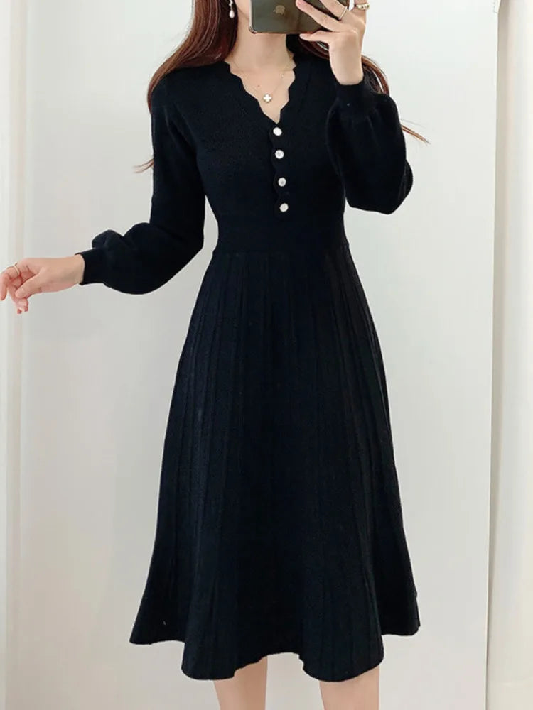 One Piece Korean Pleated Dress 2023 New Autumn Long Sleeve Slim Woman Sweater Dresses Knitted Vintage Elegant Midi Party Dress