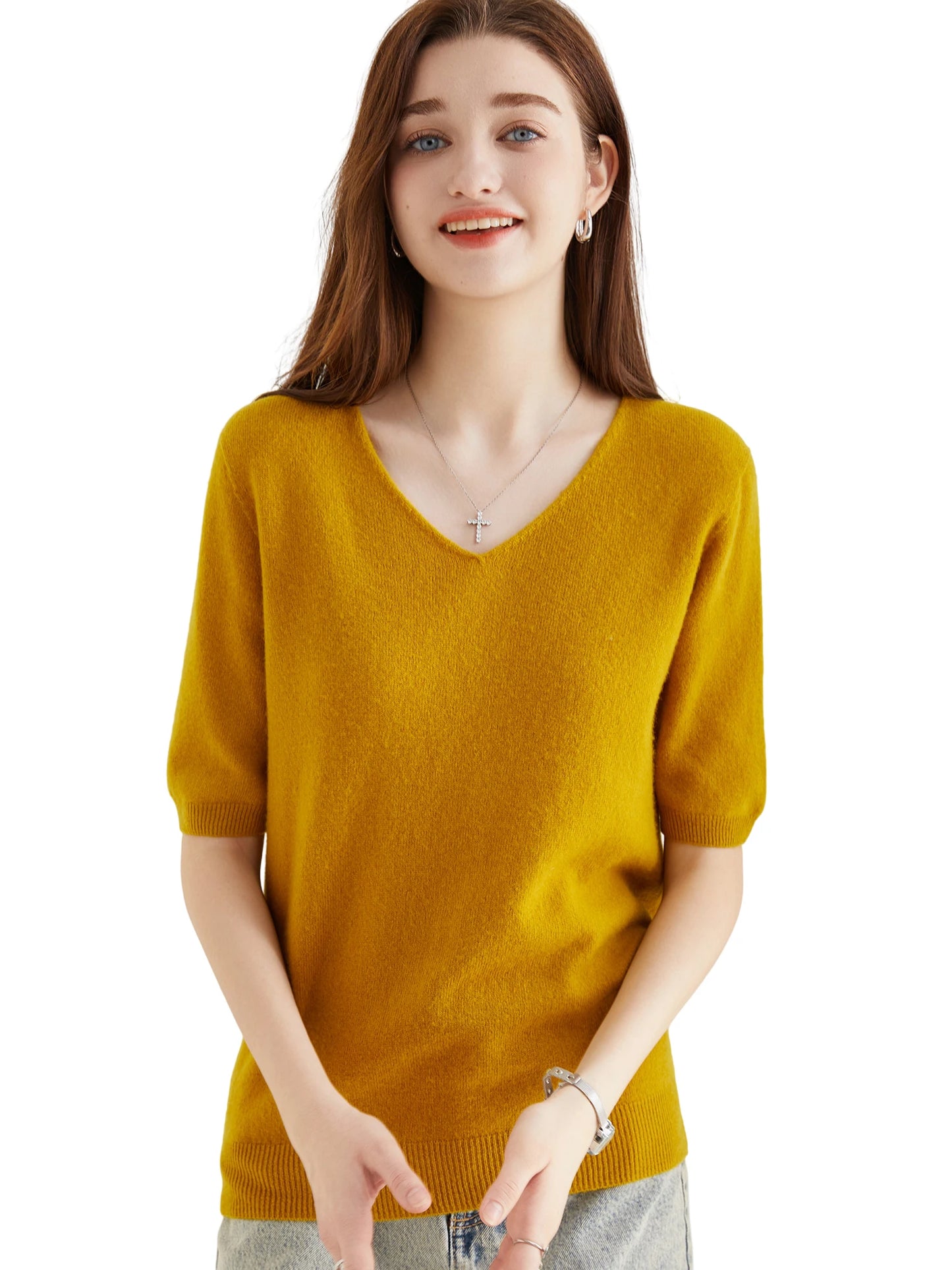 Women's Sweater 100% Merino Wool Sweater for Women Pullover Short Sleeve Tops Spring Summer V Neck Soft Knitted Female Clothing