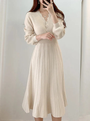 One Piece Korean Pleated Dress 2023 New Autumn Long Sleeve Slim Woman Sweater Dresses Knitted Vintage Elegant Midi Party Dress
