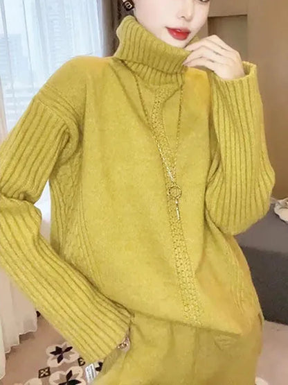 Casual Soft Turtleneck Pullover Sweater 2 Piece Set Korean Knitwear Pull Sweater Top Conjunto Baggy Wide Leg Knitted Pant Outfit