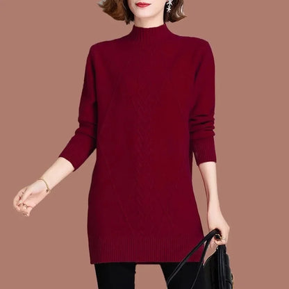 Mid Long Women's Half High Neck Sweater Pullover New Autumn Winter Warm Solid Knitted Sweater Jumper Female Tops Bottoming Shirt