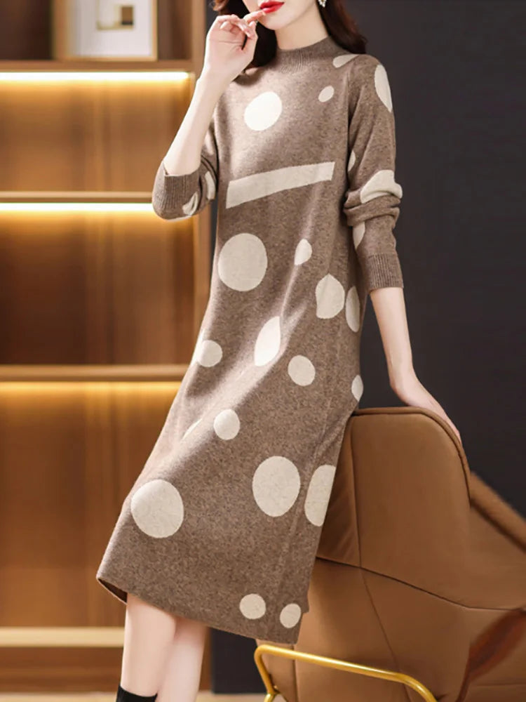 Black Woolen Knitted Polka Dot Elegant Casual Pullovers for Ladies 2024 Korean Vintage Hepburn Dress Autumn Winter Sweater Dress