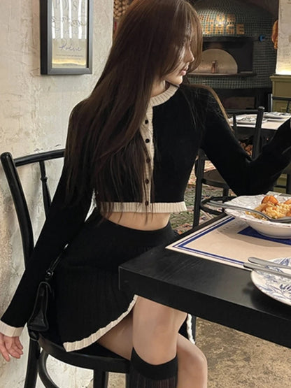 Sweet Knitted 2 Piece Set Women Long Sleeve Single Breasted Cropped Top Pleated Mini Skirt Autumn Spring Kawaii Fashion Outfits