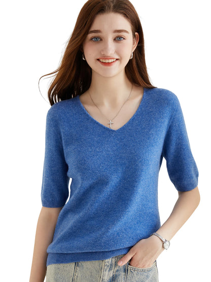 Women's Sweater 100% Merino Wool Sweater for Women Pullover Short Sleeve Tops Spring Summer V Neck Soft Knitted Female Clothing