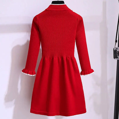 2024 Autumn Winter Teenagers Girls Kids Knit Sweater Dresses Princess pearl clothes new year christmas 4 5 6 7 8 9 10 11 year