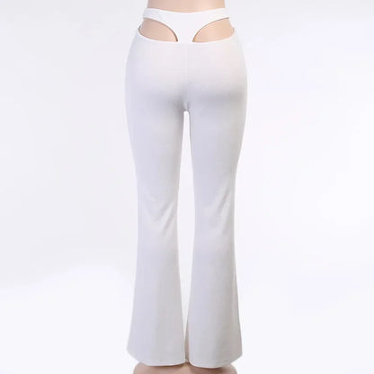 Women Fall Winter Harajuku Loose Bell Bottom Pants 2021 Solid White Knitting Sexy Cut-Out High Waist Flare Pant Female Trousers