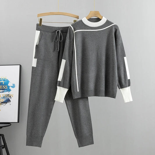 2023 Autumn Winter 2 Pieces Set Knitted Long Sleeve Pullovers Sweater Casual Patchwork Fashion Women Tops And Pants Suits Spring