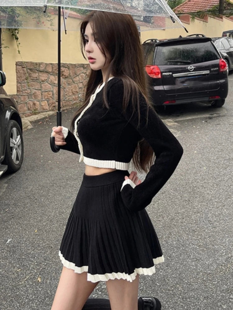 Sweet Knitted 2 Piece Set Women Long Sleeve Single Breasted Cropped Top Pleated Mini Skirt Autumn Spring Kawaii Fashion Outfits