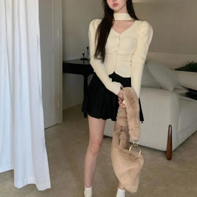 Halter Neck Long Sleeve Knit Cardigan Women Spring Autumn V-neck Button Down Shirt Female Casual Solid Color Dating Crop Top