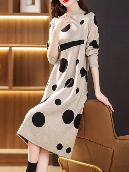 Black Woolen Knitted Polka Dot Elegant Casual Pullovers for Ladies 2024 Korean Vintage Hepburn Dress Autumn Winter Sweater Dress