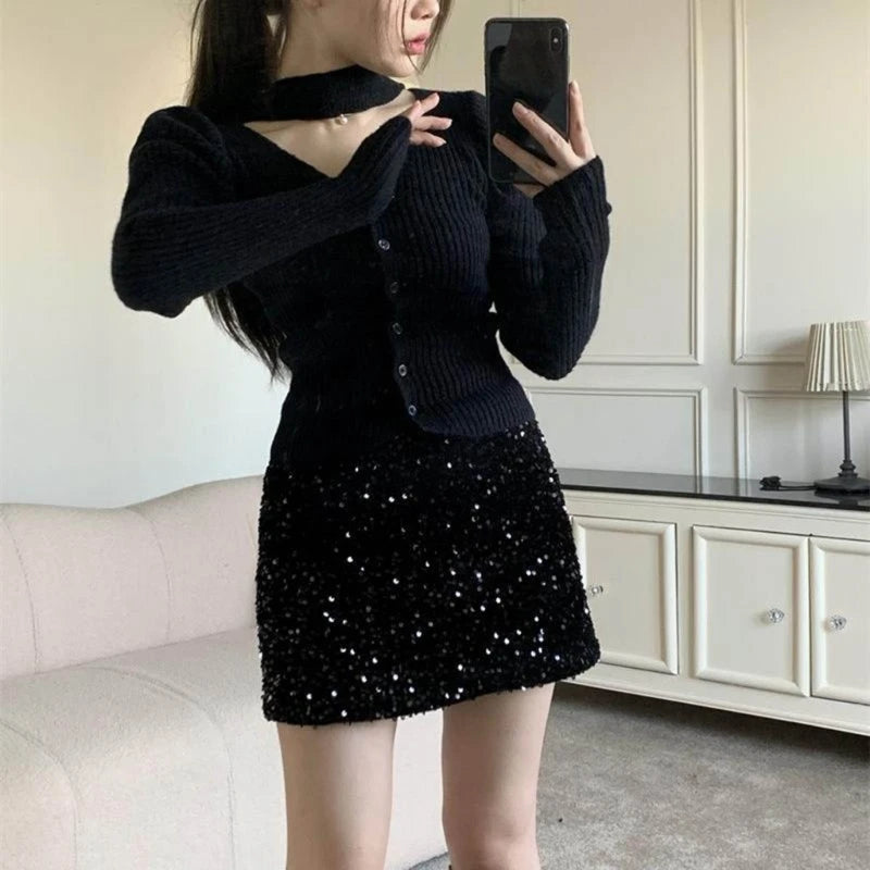 Halter Neck Long Sleeve Knit Cardigan Women Spring Autumn V-neck Button Down Shirt Female Casual Solid Color Dating Crop Top