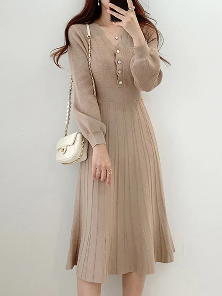 One Piece Korean Pleated Dress 2023 New Autumn Long Sleeve Slim Woman Sweater Dresses Knitted Vintage Elegant Midi Party Dress