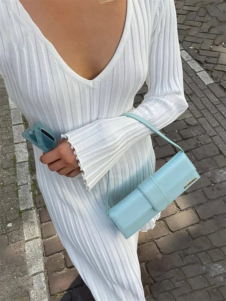 Tossy Autumn New V-Neck Knit Maxi Dress Women Ribbed Elegant Long Sleeve Streetwear High Waist Pleated Dresses Ladies Knitwear