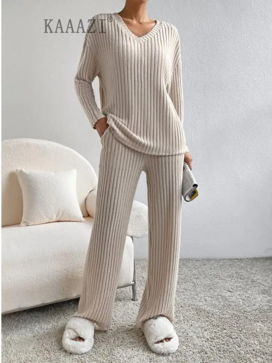KAAAZI Women Winter Pajamas 2 Piece Sets Long Sleeve V-neck Knitted Home Clothes Elastic Waist Loose Pants Solid Female Suit