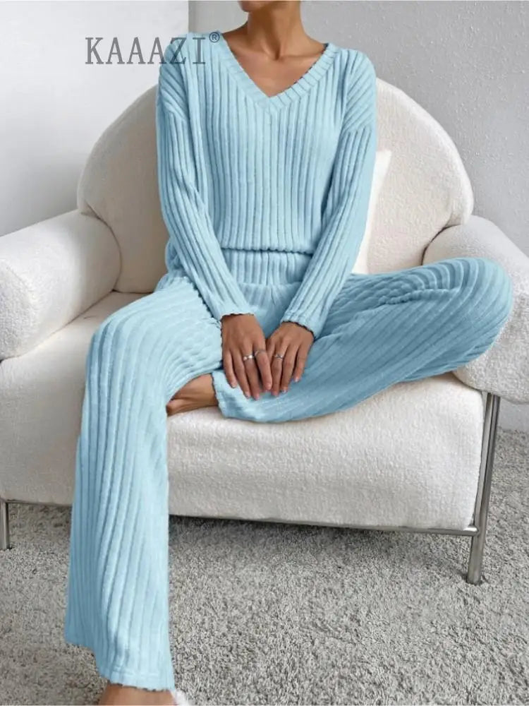 KAAAZI Women Winter Pajamas 2 Piece Sets Long Sleeve V-neck Knitted Home Clothes Elastic Waist Loose Pants Solid Female Suit