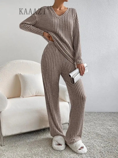 KAAAZI Women Winter Pajamas 2 Piece Sets Long Sleeve V-neck Knitted Home Clothes Elastic Waist Loose Pants Solid Female Suit