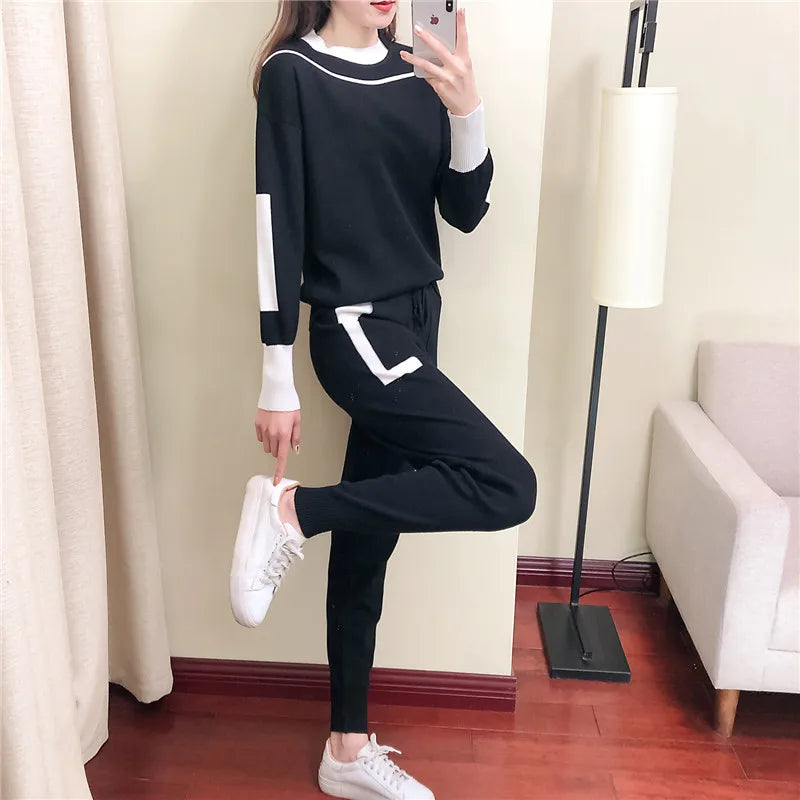 2023 Autumn Winter 2 Pieces Set Knitted Long Sleeve Pullovers Sweater Casual Patchwork Fashion Women Tops And Pants Suits Spring