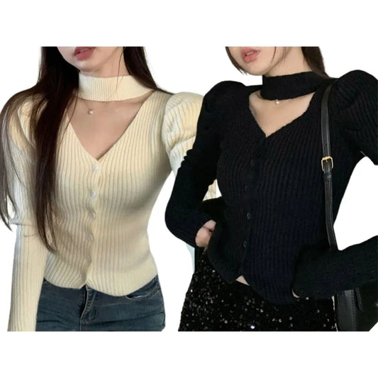 Halter Neck Long Sleeve Knit Cardigan Women Spring Autumn V-neck Button Down Shirt Female Casual Solid Color Dating Crop Top