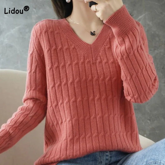 Autumn Winter Temperament Female Solid Color Knitted Tops 2023 Fashion V-Neck All-match Long Sleeve Sweaters Women's Clothing