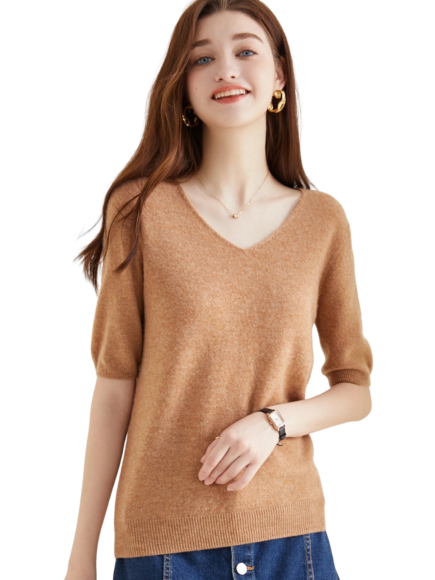 Women's Sweater 100% Merino Wool Sweater for Women Pullover Short Sleeve Tops Spring Summer V Neck Soft Knitted Female Clothing