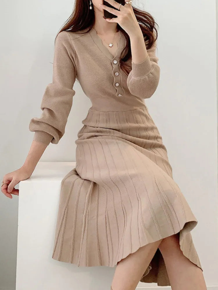 One Piece Korean Pleated Dress 2023 New Autumn Long Sleeve Slim Woman Sweater Dresses Knitted Vintage Elegant Midi Party Dress