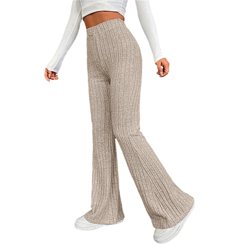 Knitted Flared Pants 2000s Style Women Solid Color Elastic High Waist Ribbed Bell Bottoms Casual Bootcut Trousers y2k Streetwear