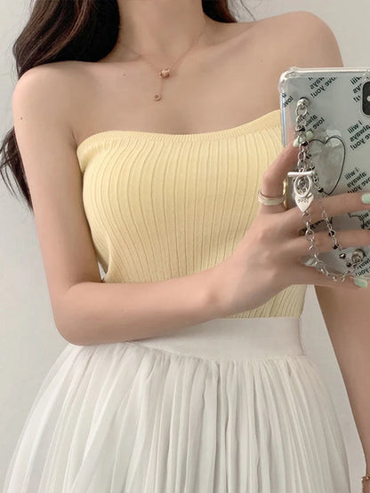 JMPRS Knitted Women Tanks Pullover Summer High Elastic Crop Top Fashion Pullover Solid Color Cute White Female Corset Top New